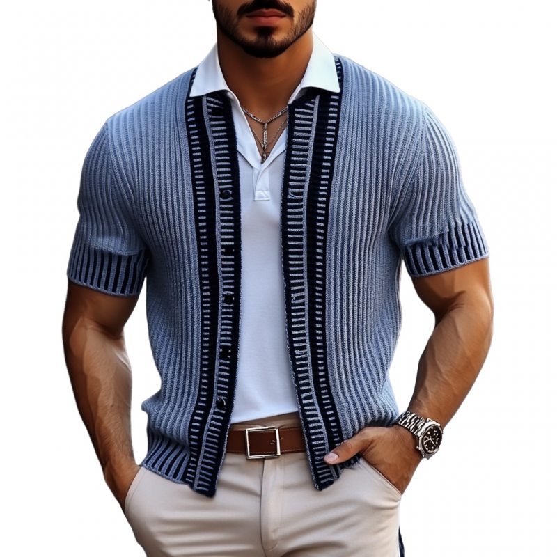 Men's Casual Contrast Color Single Breasted Slim Fit Knitted Short Sleeve Cardigan MTA1780C6M