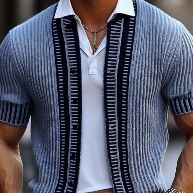 Men's Casual Contrast Color Single Breasted Slim Fit Knitted Short Sleeve Cardigan MTA1780C6M