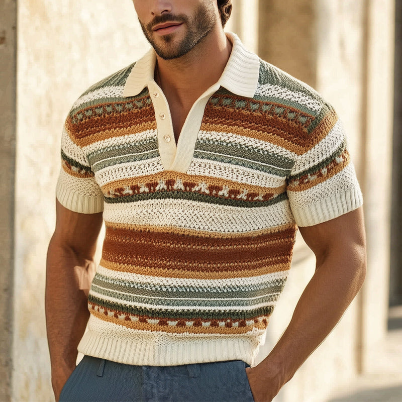 Men's Summer Fashion Colorful Striped Knitted Polo Neck T-Shirt MTA0707E1U