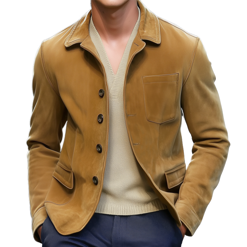 Men's Spring And Autumn Vintage Lapel Button Suede Jacket MTA1102H6U