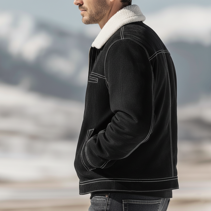 Men's Urban Black Suede Fleece Collar Zip-Up Jacket MTA2815K9U