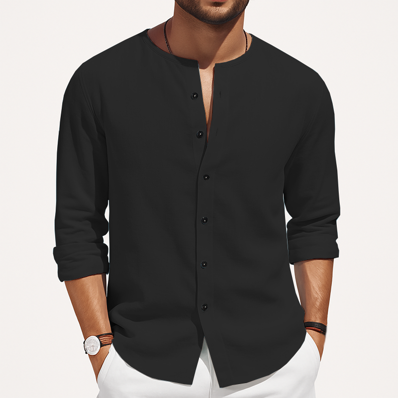Men's Basic Solid Color Round Neck Cotton And Linen Long-sleeved Shirt MTA0455H6U