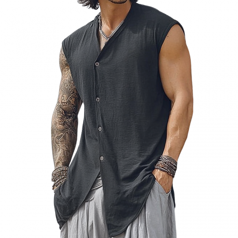 Men's Fashionable Cotton Linen V-neck Slanted Placket Loose Sleeveless Shirt MTA2710F4M