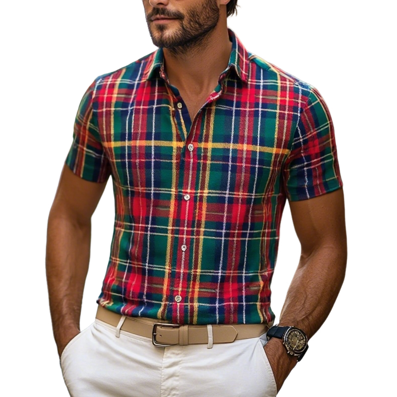 Men's Plaid Lapel Short Sleeve Casual Shirt MTA1375F5Z