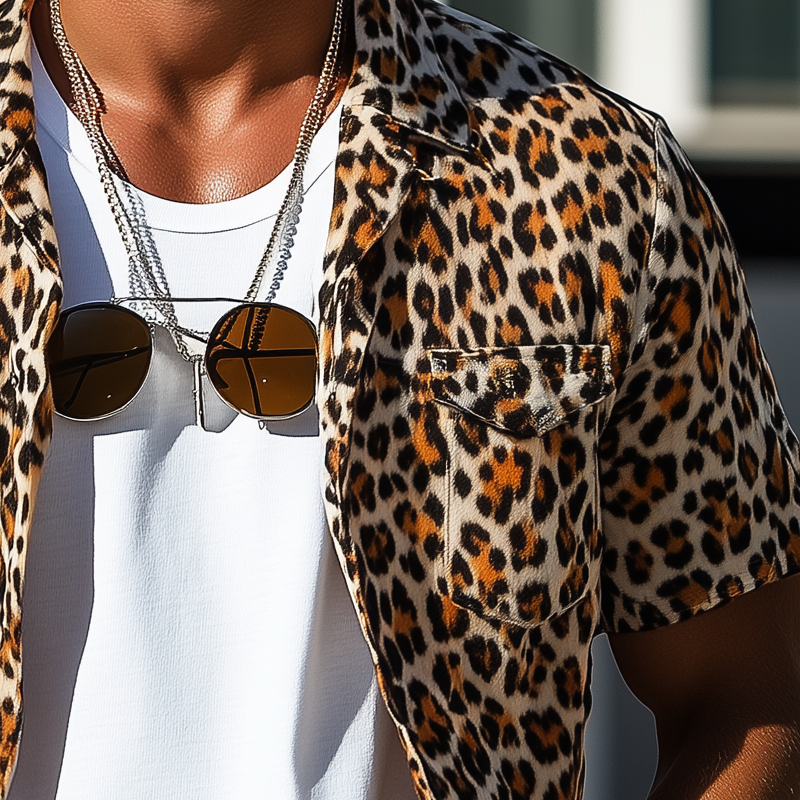 Men's Leopard Print Short Sleeve Multi-Pocket Shirt MTA2389F4X
