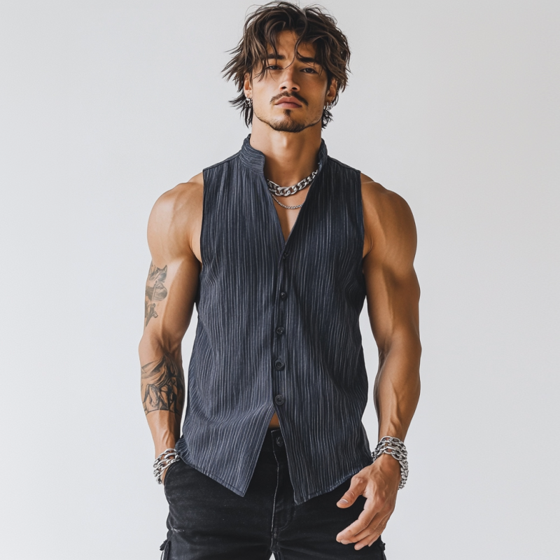 Men's Casual Breathable Linen Pinstripe Stand Collar Slim Fit Sleeveless Shirt MTA2800D3M