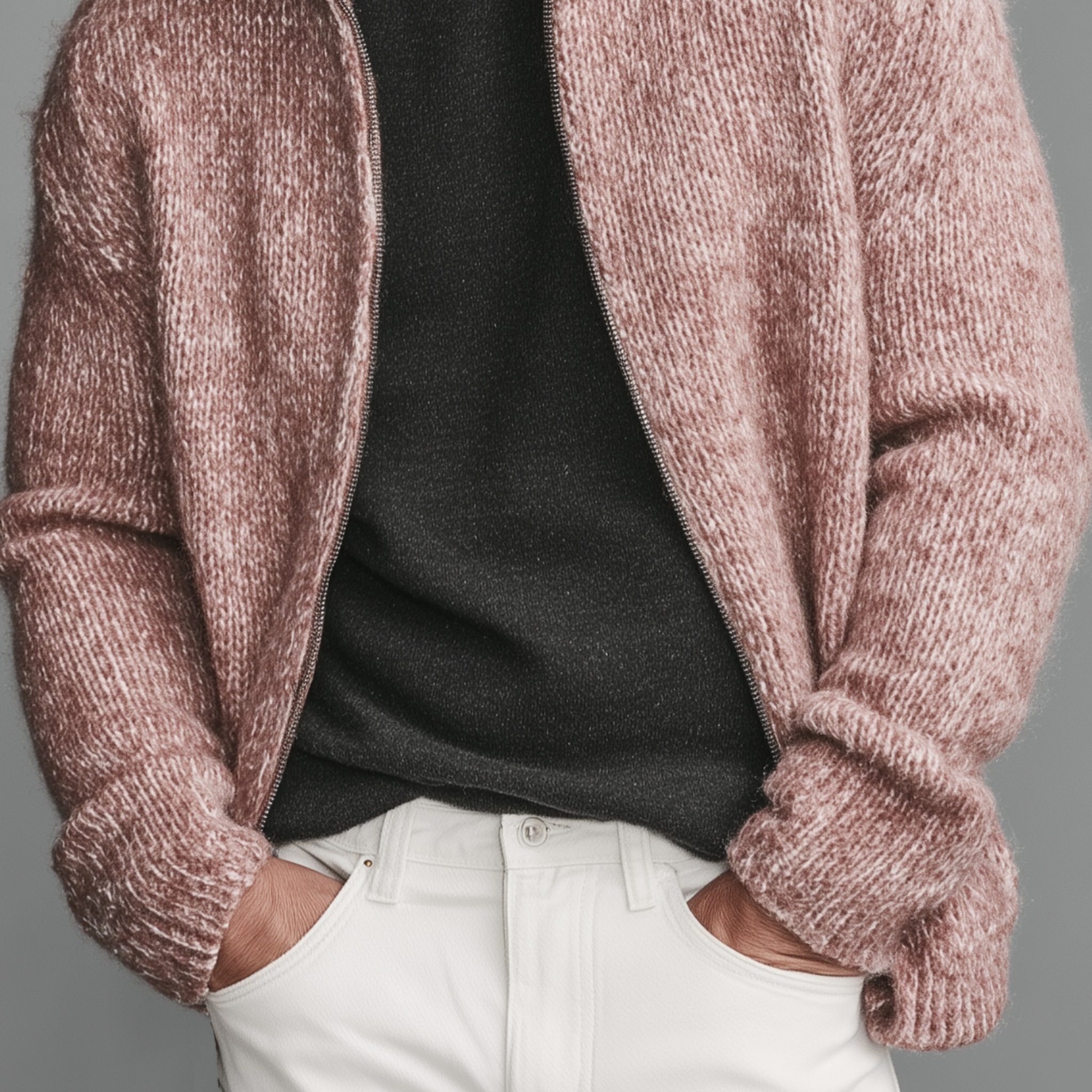 Men's Classic Casual Pink Stand Collar Zipper Knitted Cardigan MTA1808I6K