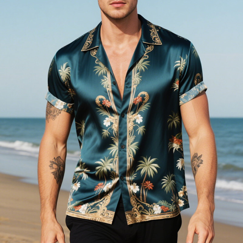 Men's Retro Casual Palace Style Printed Satin Lapel Short Sleeve Shirt MTA2253E5TO