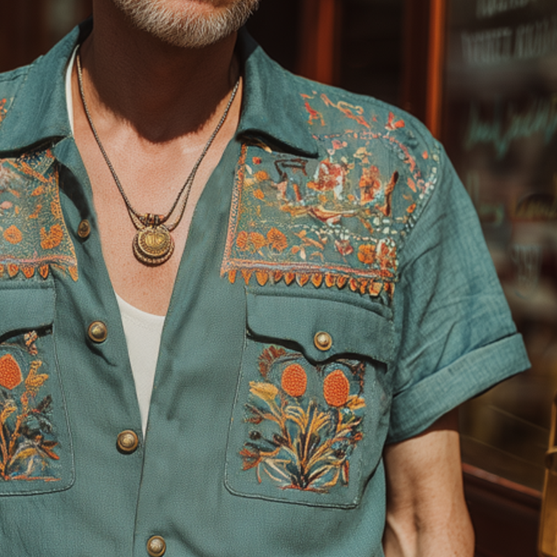 Men's Summer Exquisite Multicolor Embroidered Short Sleeve Shirt MTA1790F0U