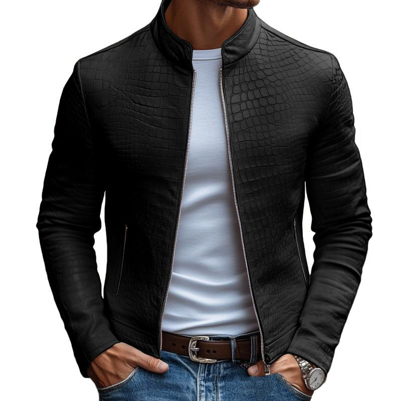 Men's Fashion Stone Pattern Stand Collar Zipper Slim Fit Leather Jacket 45773252M