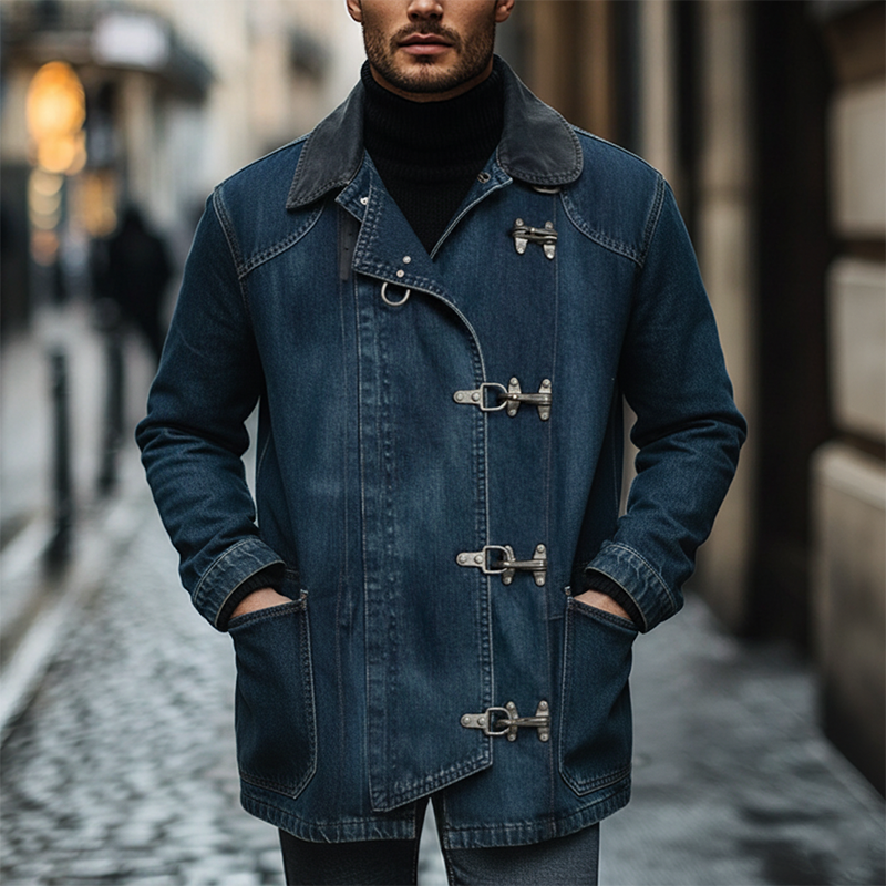 Men's Vintage Washed Single-breasted Lapel Contrast Color Mid-length Denim Coat MTA1456J5X