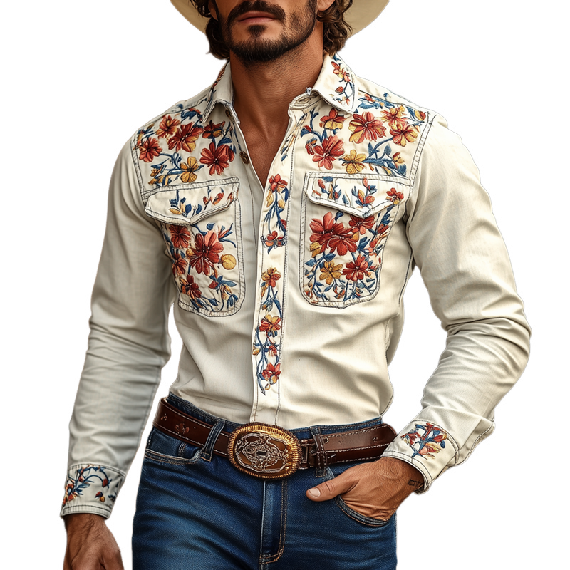 Men's Western Cowboy Style Embroidered Lapel Chest Pocket Long Sleeve Cotton Shirt 42207261Z