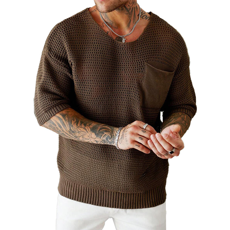 Men's Knitted Loose Pocket Short Sleeve Sweater 25998584X