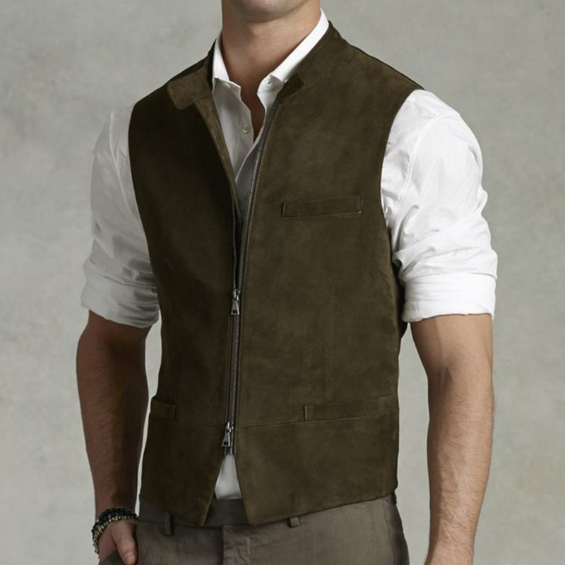 Men's Classic Vintage Stand Collar Suede Zipper Vest 05084158K