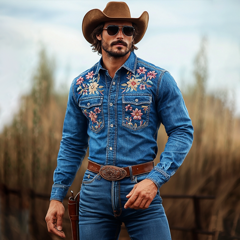 Men's Western Cowboy Style Embroidered Lapel Chest Pocket Long Sleeve Denim Shirt 20384804Z