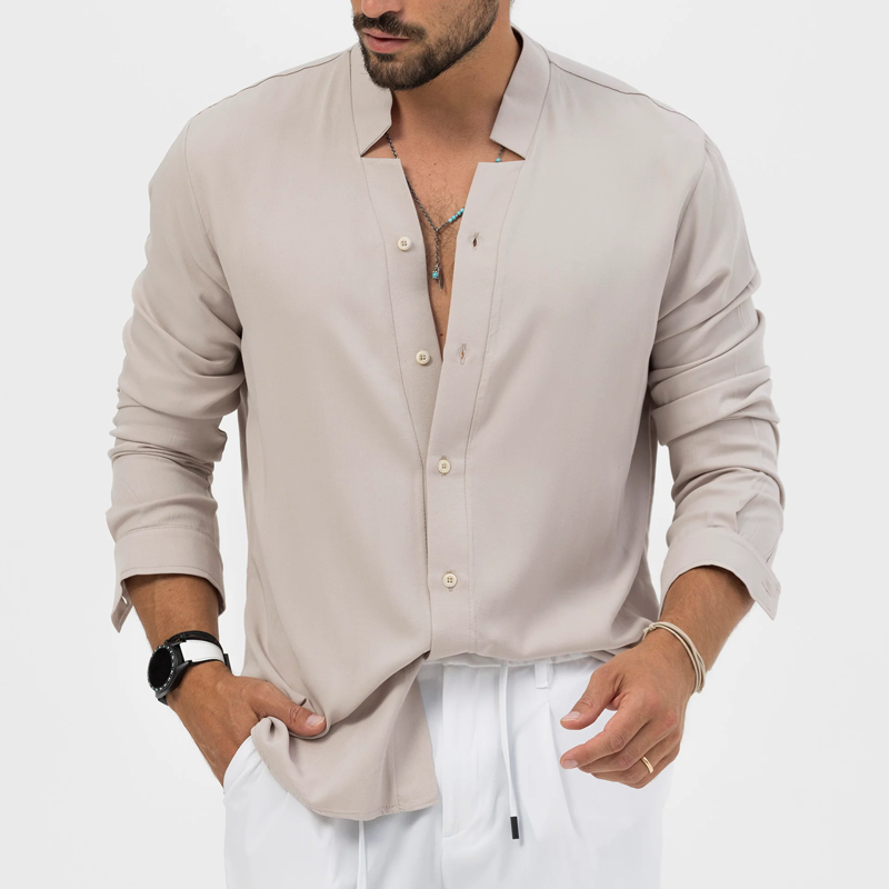 Men's Solid Color Notched V Neck Long Sleeve Shirt 66782706Z