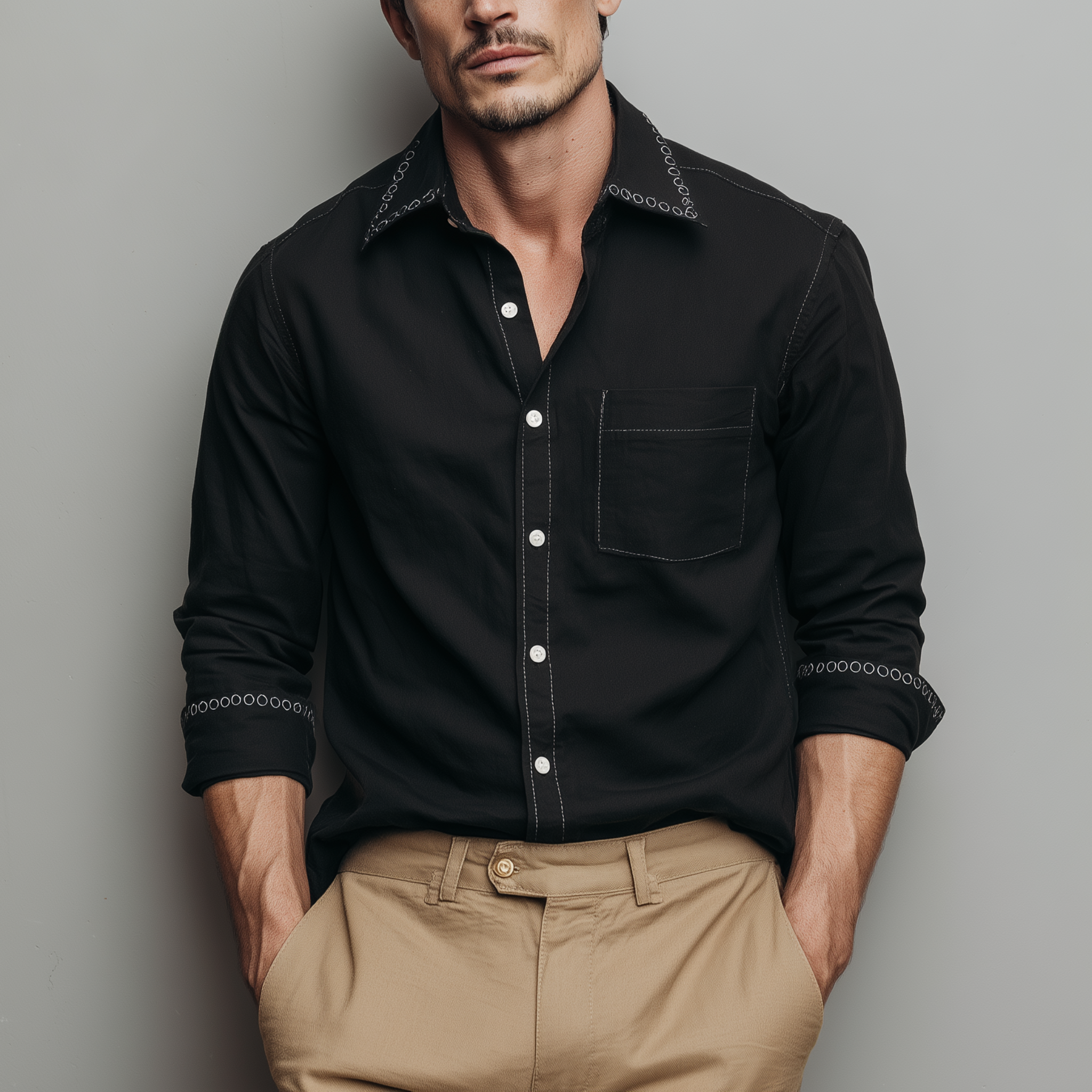 Men's Classic Casual Collar And Cuff Embroidered Cotton Blend Long Sleeve Shirt MTA3036G9K