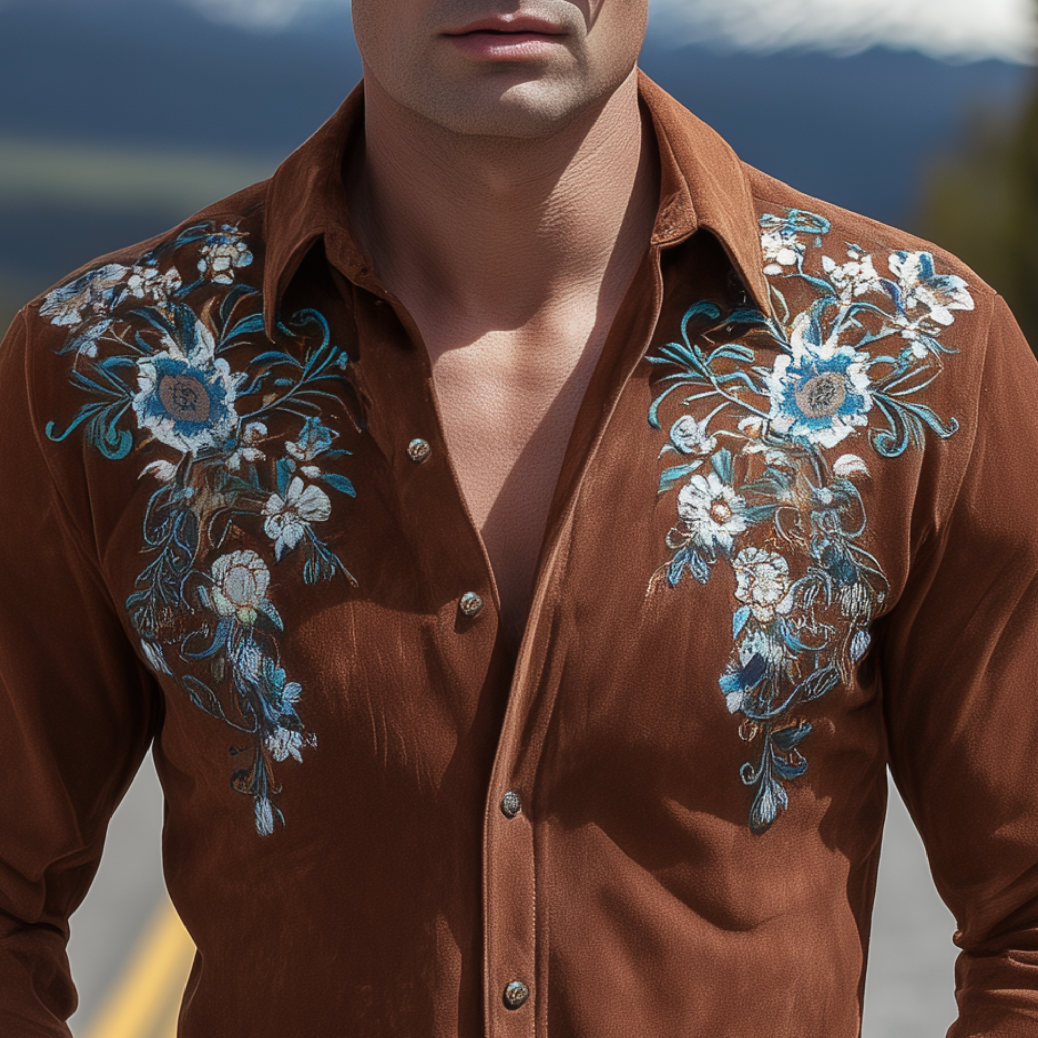 Men's Classic Retro Western Suede Embroidered Slim Fit Long Sleeve Shirt MTA1438H7K