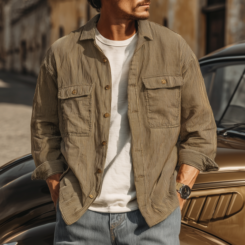 Men's Casual Breathable Cotton Striped Lapel Chest Pocket Loose Long Sleeve Shirt MTA1809G2M