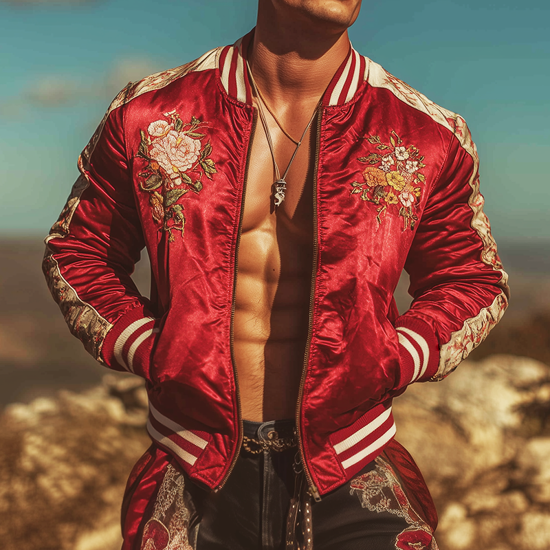 Men's Vintage Casual Floral Embroidered Satin Baseball Jacket MTA1892G0TO