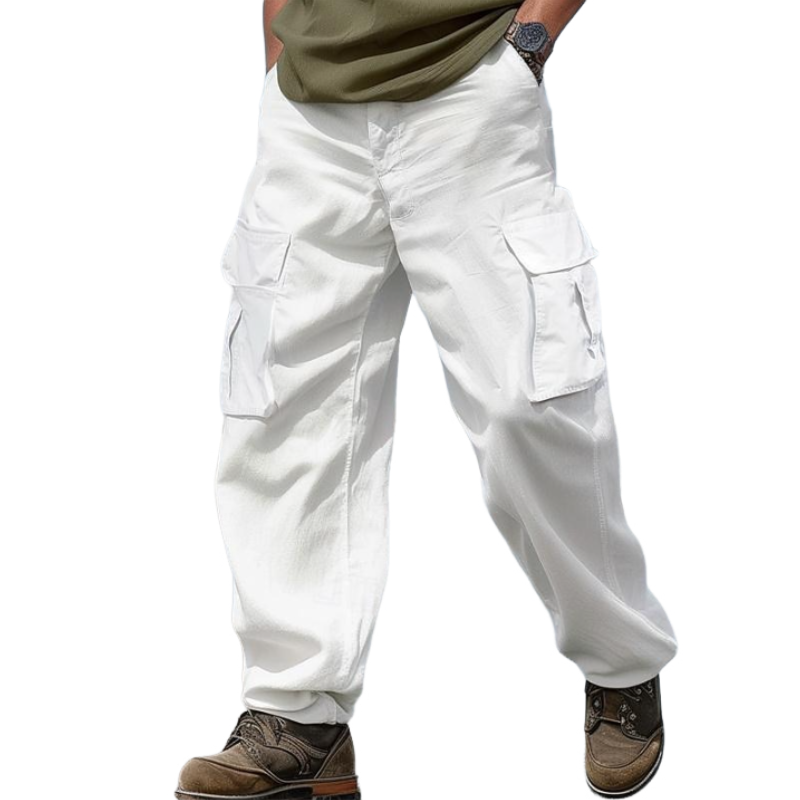 Men's Casual Cotton Linen Loose Multi-pocket Cargo Pants 21896585M