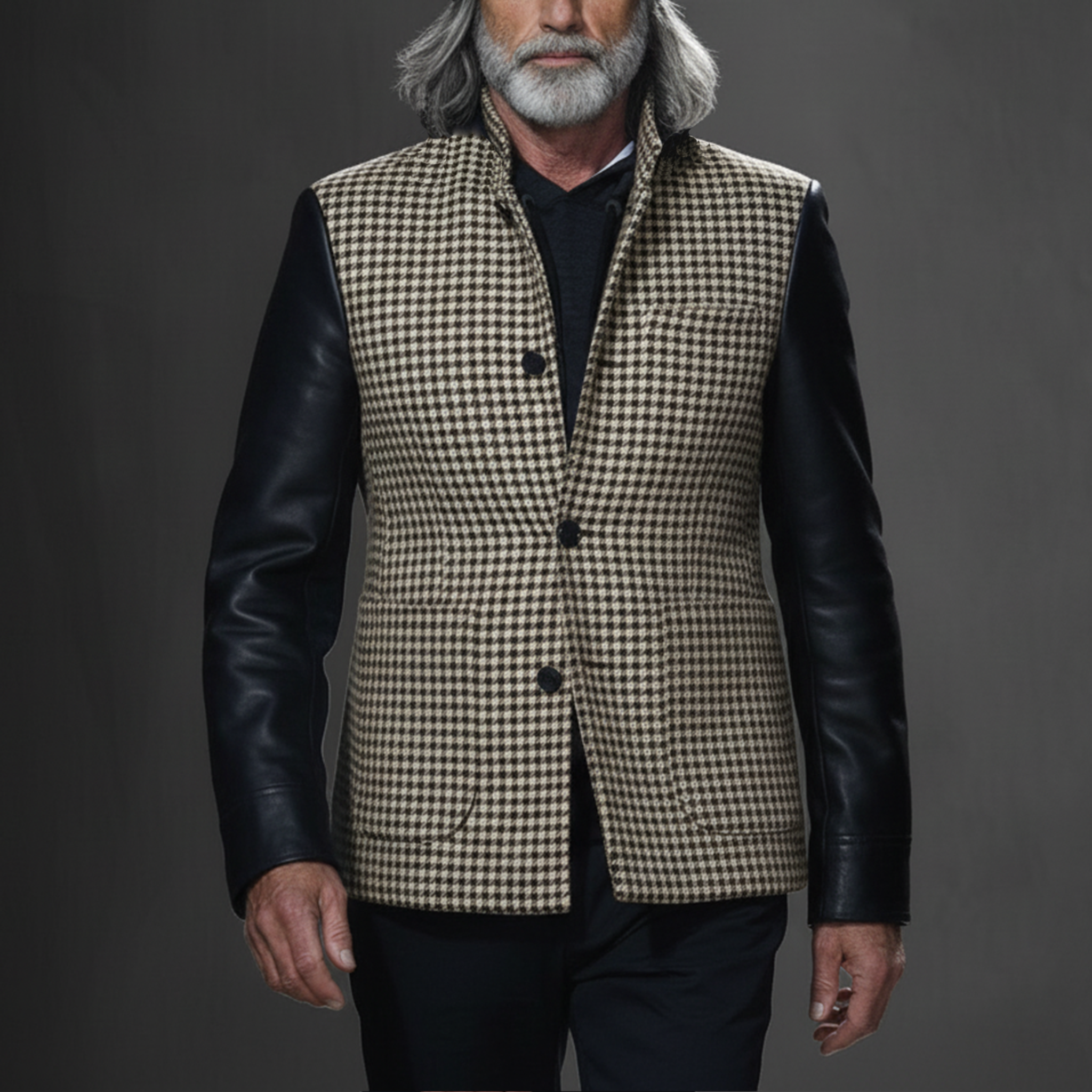 Men's Classic Retro Sleeves Stitching PU Leather Stand Collar Faux Houndstooth Woolen Jacket MTA2850I6K