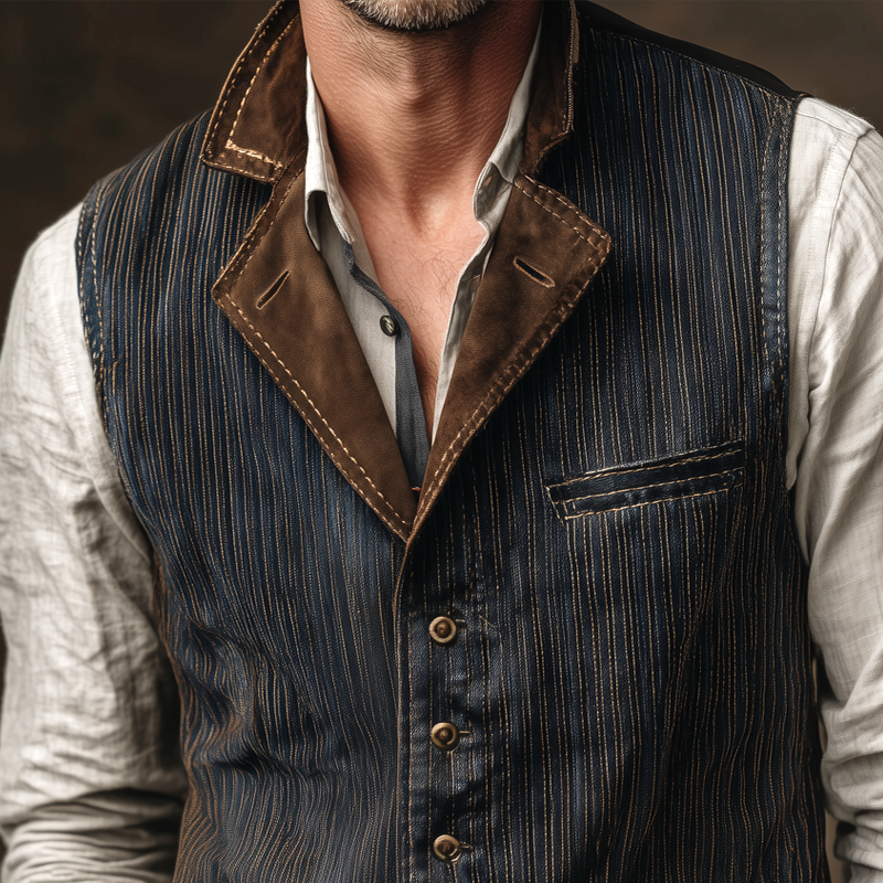 Men's Striped Denim Splicing Faux Suede Lapel Single Breasted Vintage Vest MTA2160H3Z