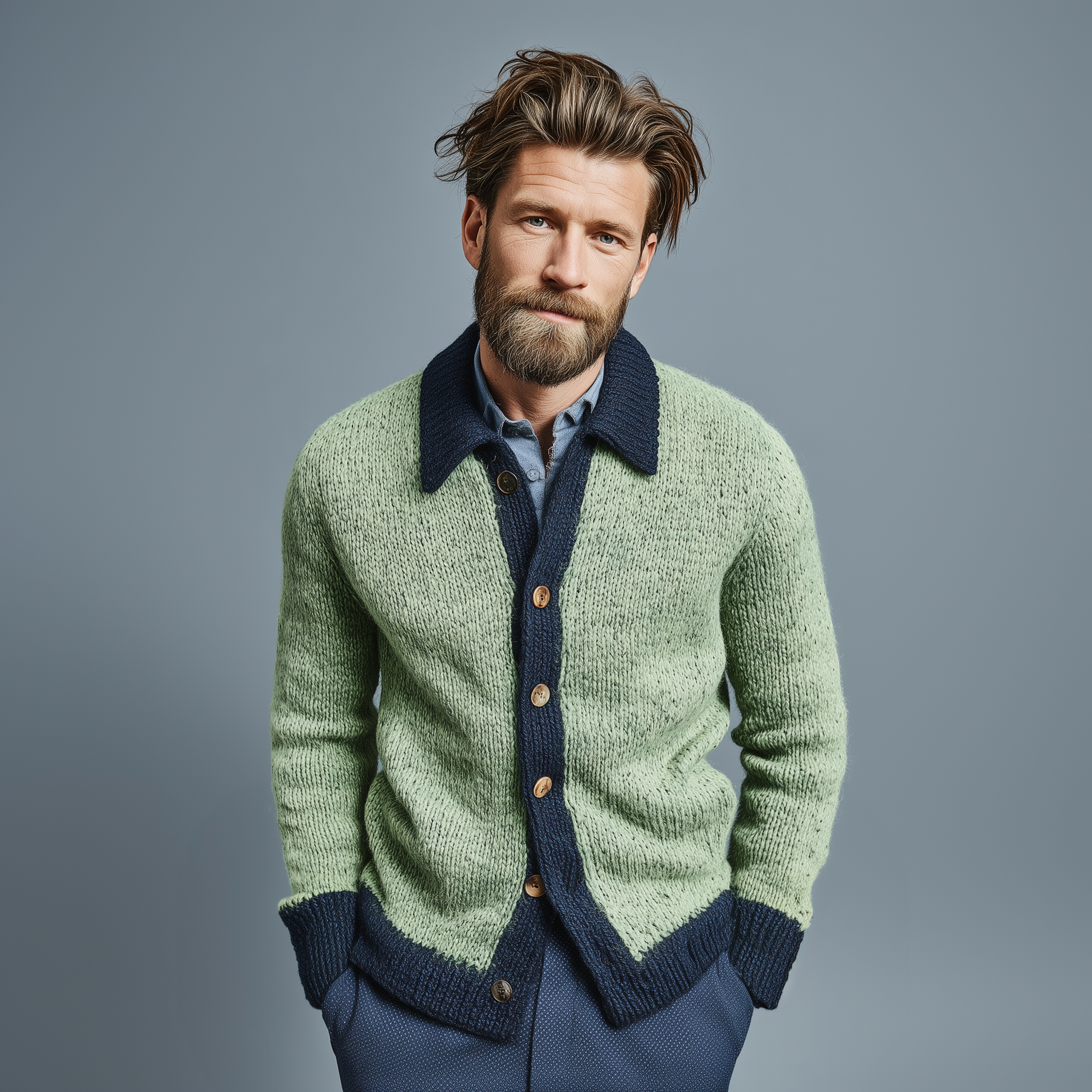 Men's Classic Casual Lapel Green And Navy Blue Knitted Cardigan MTA2669I3K