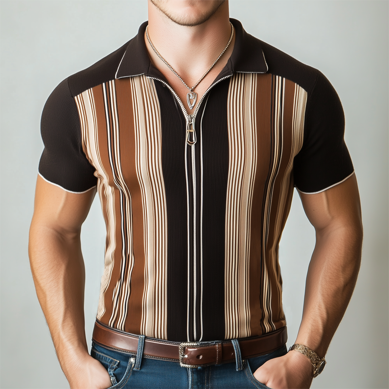 Men's Classic Striped Colorblock Knit Short Sleeve Zipper Polo Shirt MTA3002G1U