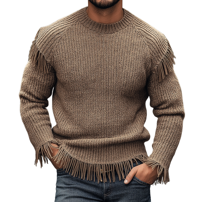 Men's Retro Casual Tassel Crew Neck Sweater MTA1950H8TO