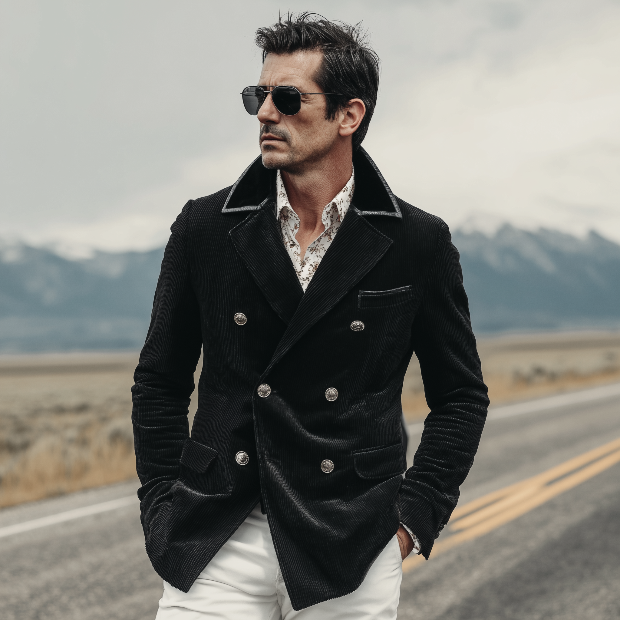 Men's Classic Retro Corduroy Double-breasted Collar Spliced PU Leather Slim-fit Blazer MTA1230H5K