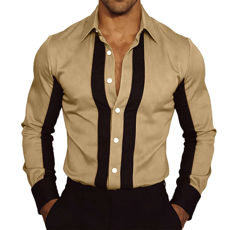 Men's Vintage Casual Cotton Color-blocked Lapel Long-sleeved Shirt MTZ0898A2TO