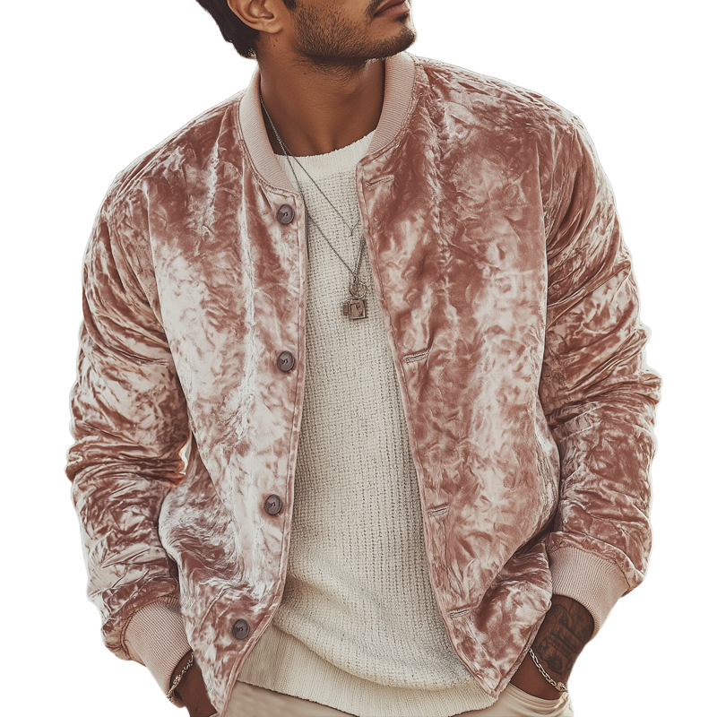 Men's Urban Light Pink Velvet Button-up Baseball Jacket MTA0470L8U