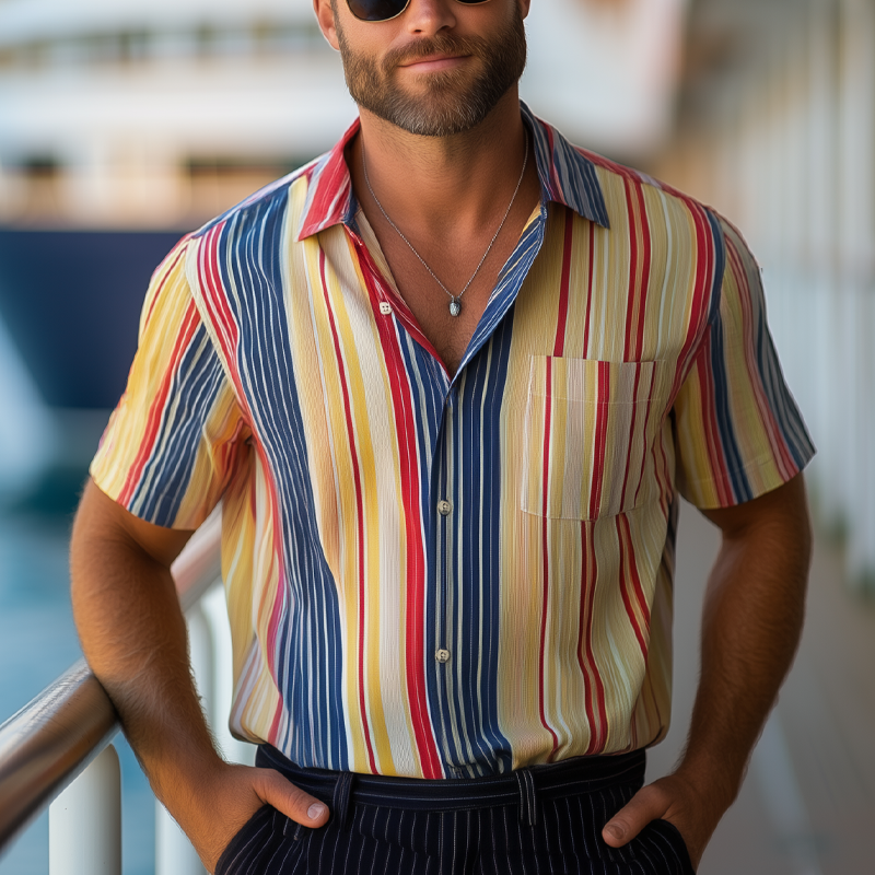 Men's Summer Classic Colorblock Striped Short Sleeve Shirt MTA2084F2U