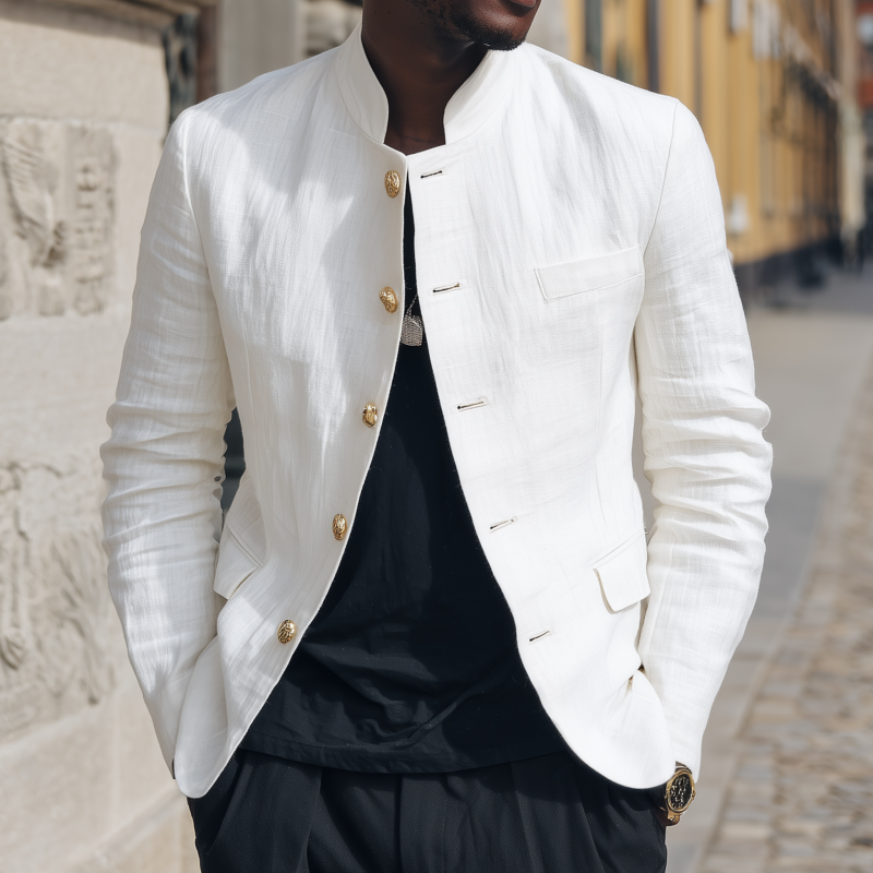 Men's Casual Solid Color Breathable Linen Stand Collar Single Breasted Slim Fit Blazer MTA2960G4M