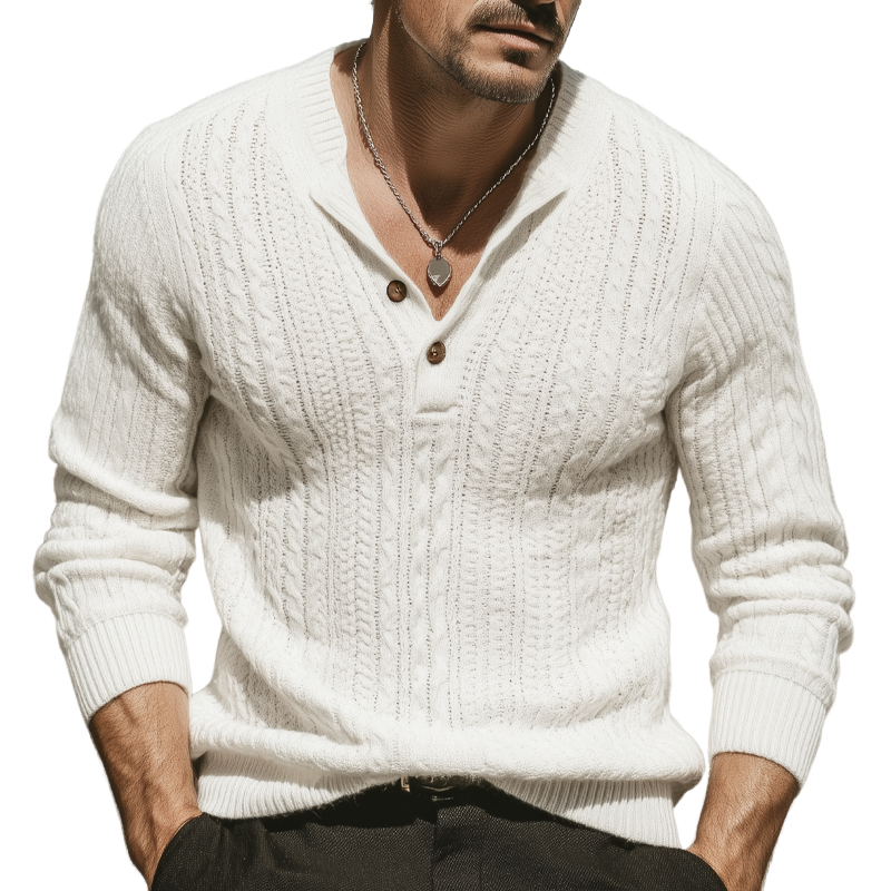 Men's Classic Knit Jacquard Three-button Henley Neck Slim-fit Sweater MTA3098K5U