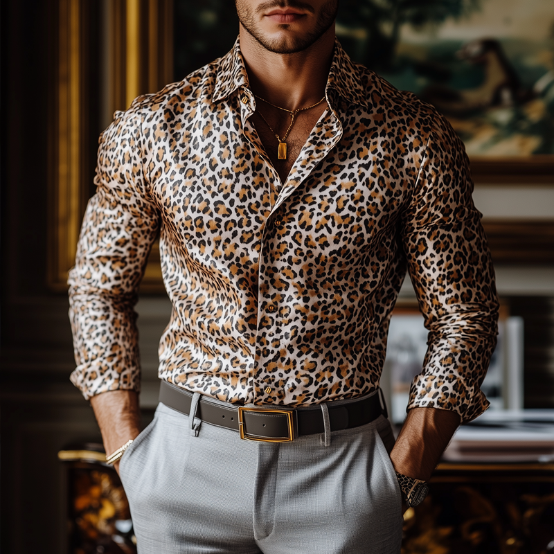 Men's Fashion Leopard Satin Lapel Single Breasted Long Sleeve Shirt 40110430Z