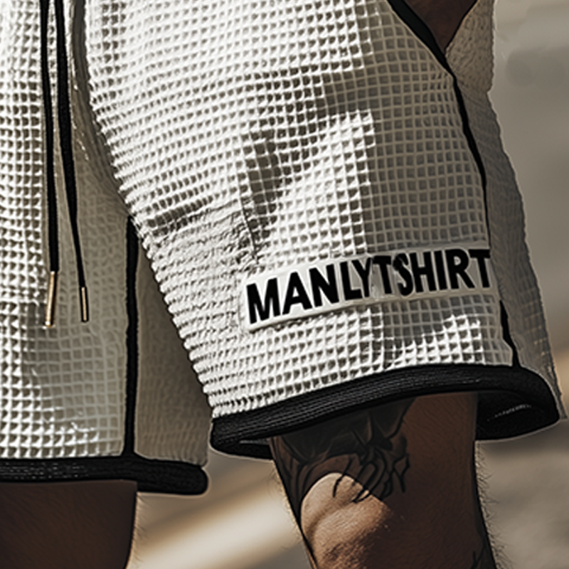 Men's Classic Casual Tough Style Waffle Black And White Stitching Letter Embroidery Elastic Waist Shorts MTA2418E9K
