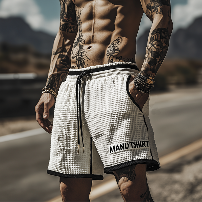 Men's Classic Casual Tough Style Waffle Black And White Stitching Letter Embroidery Elastic Waist Shorts MTA2418E9K