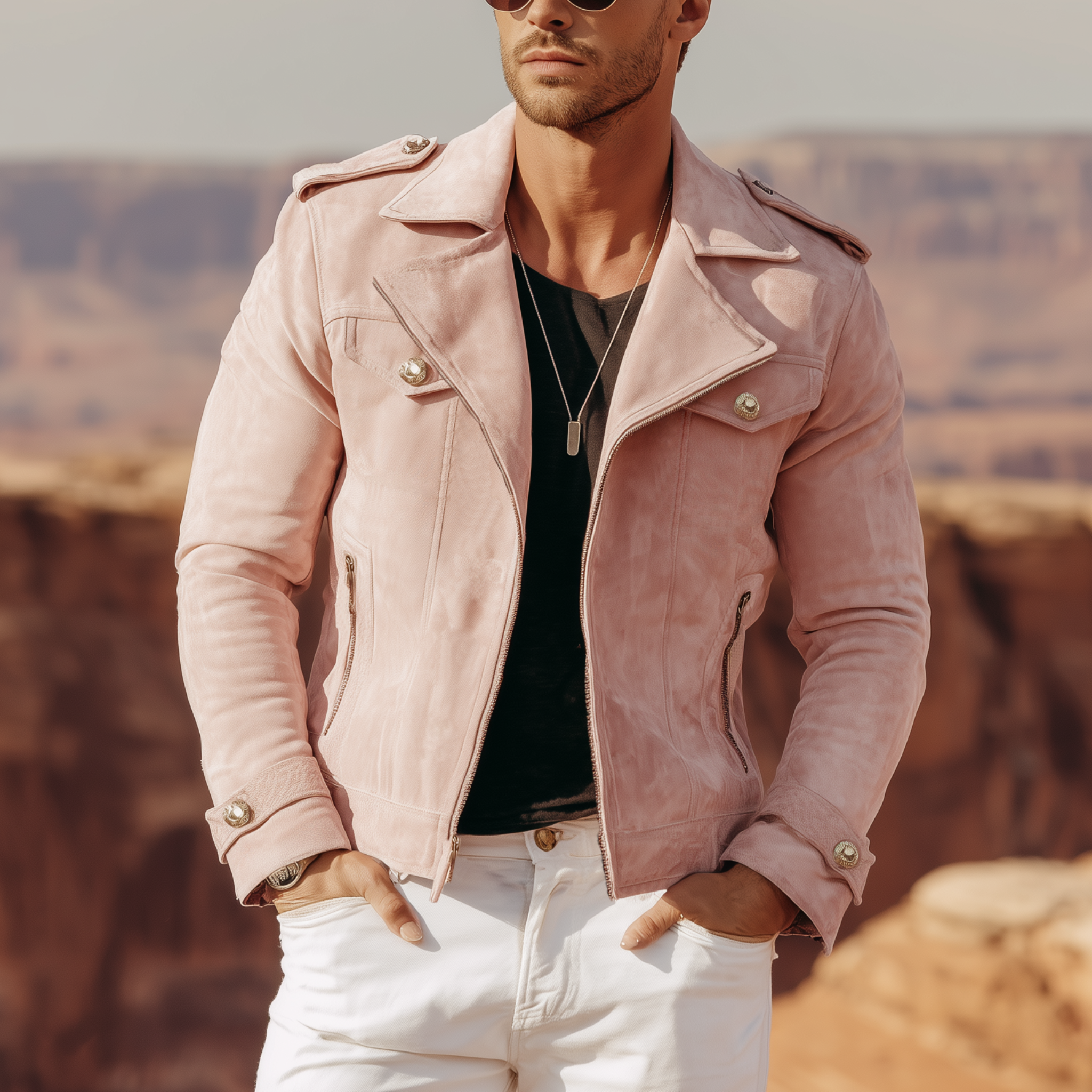Men's Classic American Retro Western Style Lapel Pink Suede Motorcycle Jacket MTA2118H3K
