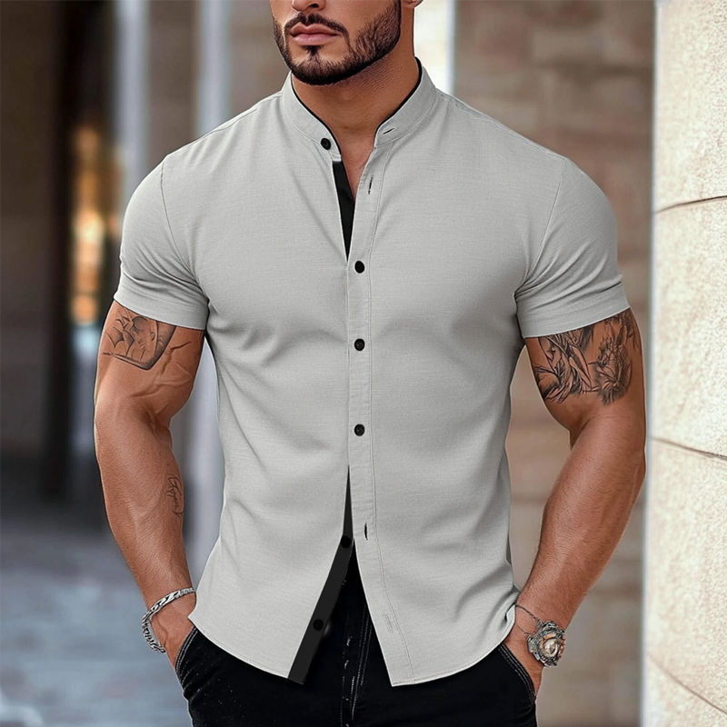 Men's Stand Collar Cotton Blend Short Sleeve Shirt MTA2220G2X