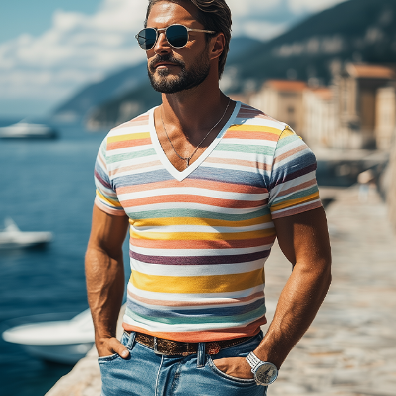 Men's Casual V-neck Cotton Contrast Striped Slim Fit Short-sleeved T-shirt 81496433K