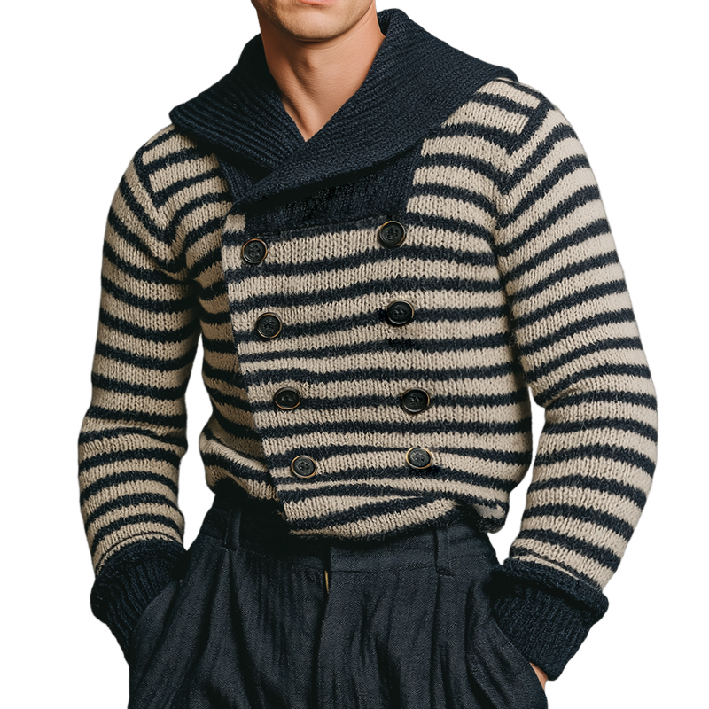 Men's Vintage Casual Navy Striped Knitted Lapel Sweater Double Breasted Cardigan MTA1477J4TO