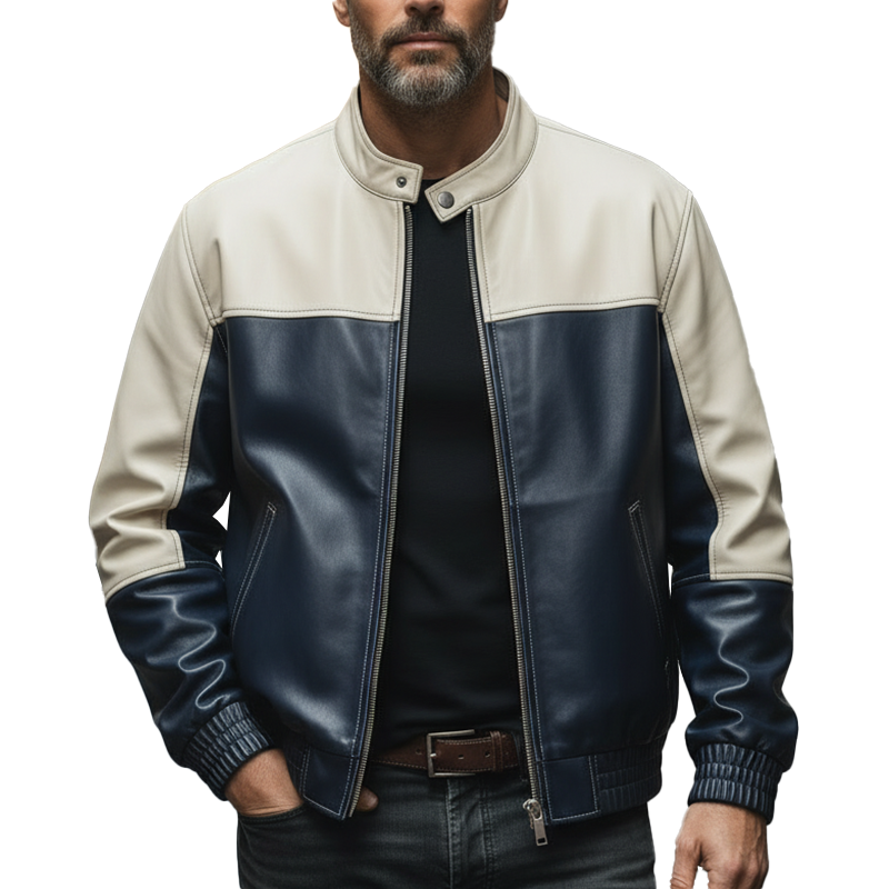 Men's Vintage Style Color-block PU Faux Leather Zip-up Jacket MTA2394L5P