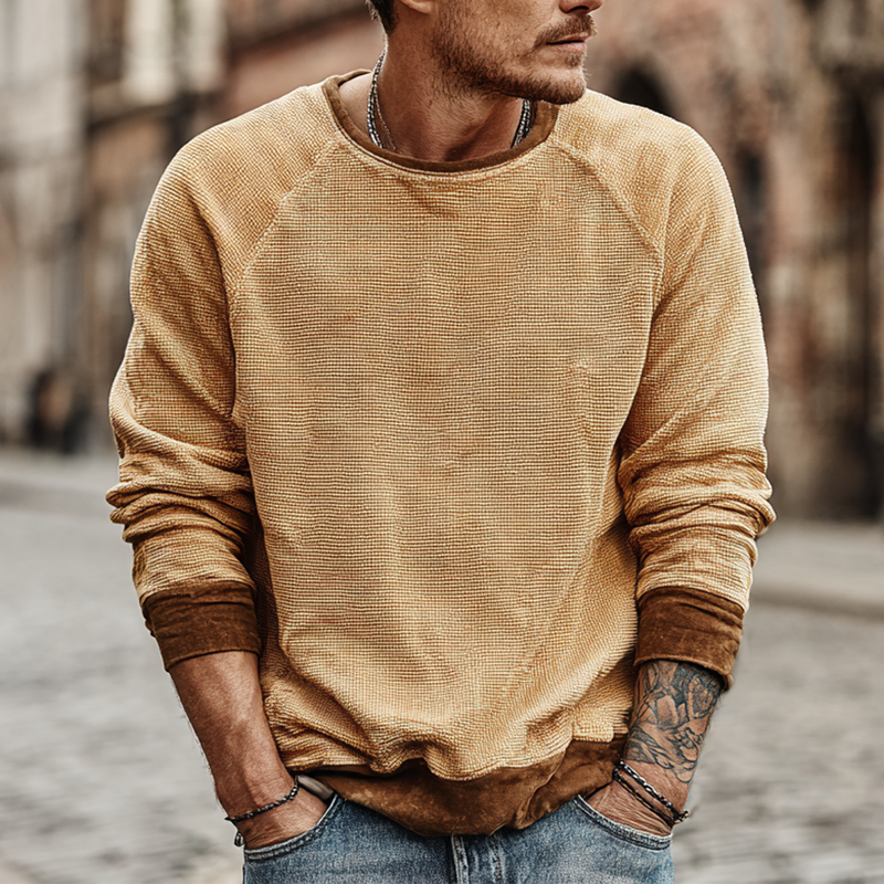 Men's Waffle Panel Faux Suede Long Sleeve Sweatshirt MTA1637I3X