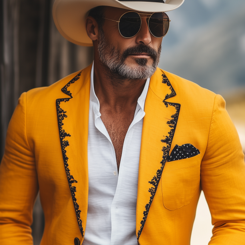 Men's  Spring and Summer Thin Fashion Casual American Retro Western Tough Style Cotton And Linen Embroidery Slim Fit Single-breasted Blazer  MTA1654F6K