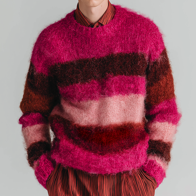 Men's Retro Casual Crew Neck Striped Mohair Knit Pullover Sweater MTA2807J1TO