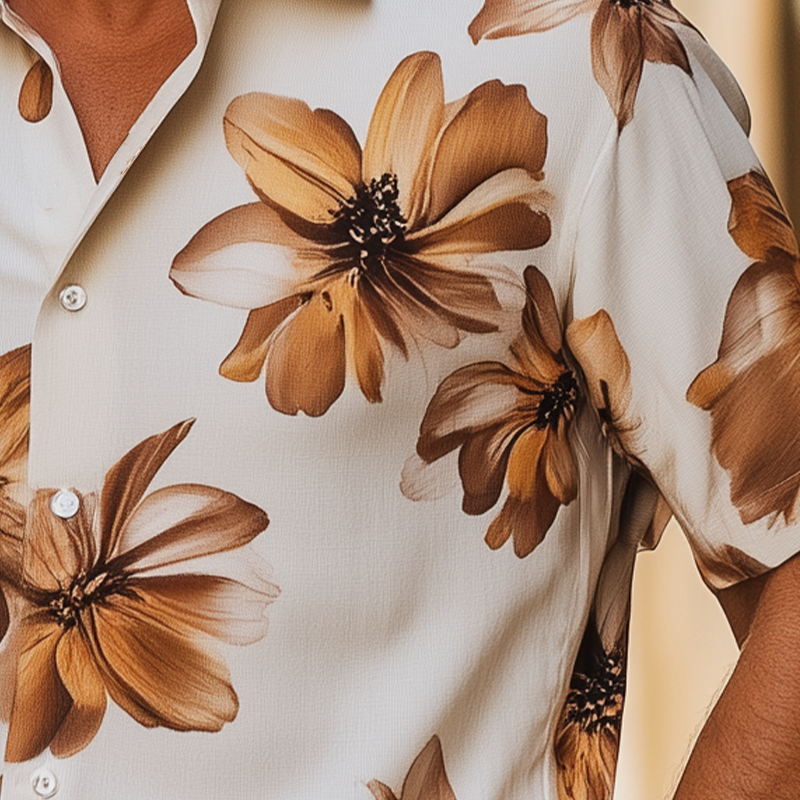 Men's Spring And Summer Fashion Casual Sicily Resort Style Cotton And Linen Printed Short-sleeved Shirt MTA1070F4K