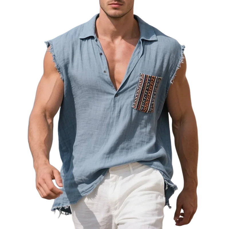 Men's Cotton And Linen Embroidered Chest Pocket Polo Collar Raw Edge Sleeveless Shirt MTA0403G9Y