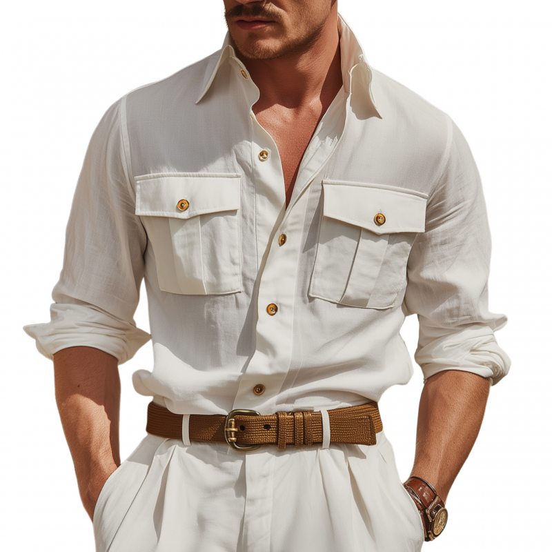 Men's Casual Breathable Solid Color Cotton Lapel Flap Pocket Loose Long Sleeve Shirt MTA2840G2M